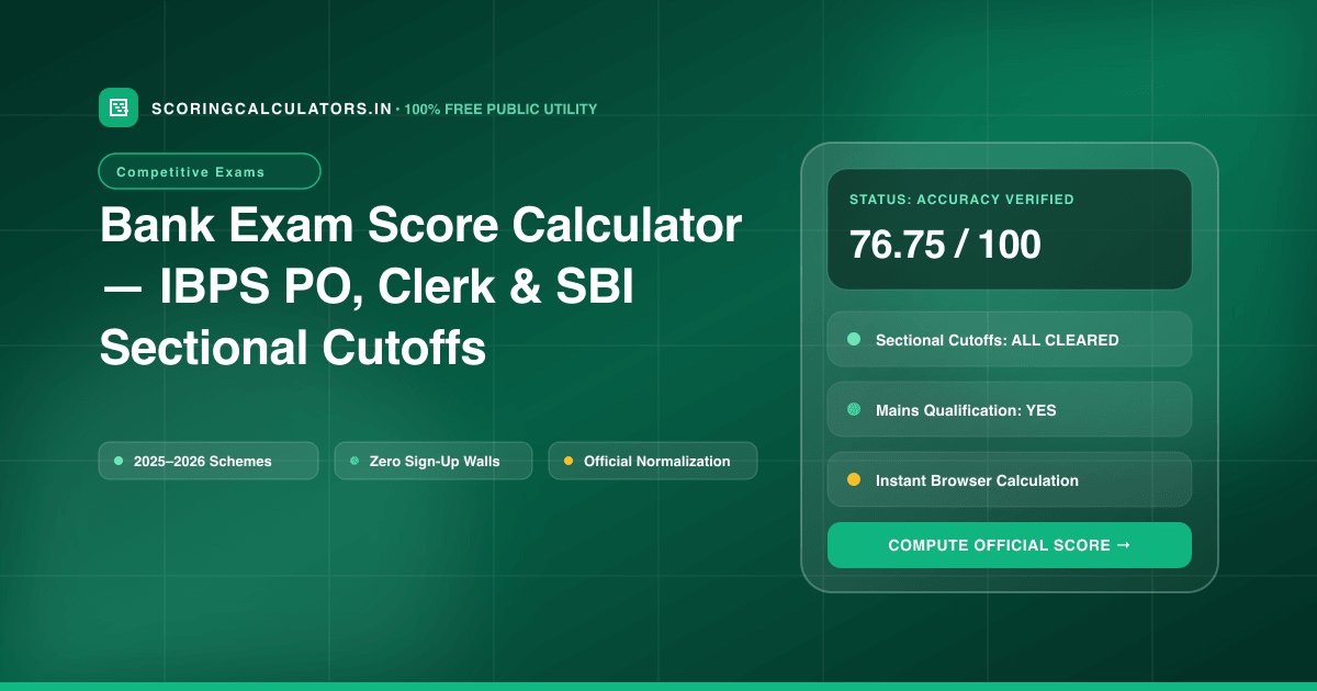 Bank Exam Score Calculator — IBPS PO, Clerk & SBI Sectional Cutoffs — Official Scoring Calculator 2025–2026